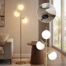 Lampada da terra retrò con 3 paralumi in vetro, struttura in metallo e finitura dorata.