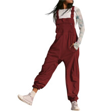 Ärmelloser Cord-Overall für Damen mit Verstellbaren Trägern und Taschen Weinrot XL