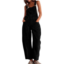 Cord-Latzhose für Damen, Weites Bein, Verstellbarer Overall mit Taschen Schwarz M