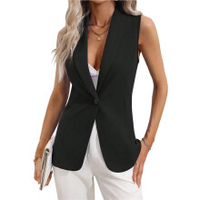Dames Mouwloze Vestblazer met Open Voorkant, Revers, V-Hals en Één Knoop, Vesttop voor Werkpak Zwart XL