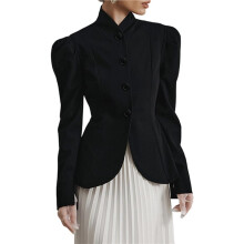 Minimalistische Damesblazer met Pofmouwen, Getailleerde Pasvorm en Opstaande Kraag, Geschikt voor Kantoor en Casual Gebruik Zwart M