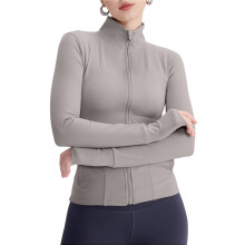 Damen-Laufjacke mit Durchgehendem Reißverschluss, Schmal Geschnitten, für Workout und Yoga, mit Daumenlöchern Rohe Kokosnuss-Latte M