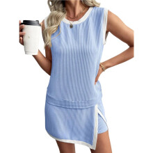 Damen 2-Teiliges Sommer-Set: Sportliche Loungewear mit Passendem, Geripptem Strick-Tanktop und Gefüttertem Rock mit Schlitz Hellblau S