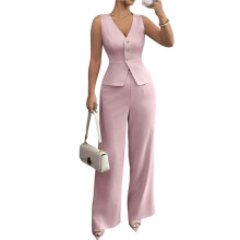 Dames 2-Delige Outfit: Elegante Blazer, Vest met Zakken en Wijde Broekspijpen, Casual Bijpassende Set Roze L