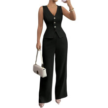 Eleganter 2-Teiliger Damenanzug: Blazer, Weste, Taschen, Hose mit Weitem Bein - Lässiges Set Schwarz L