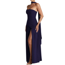 Strapless Halterjurken met Verlaagde Taille voor Bruidsmeisjes, Inclusief Sjaal en Split, Geschikt voor Formele Avondgelegenheden Diepblauw M