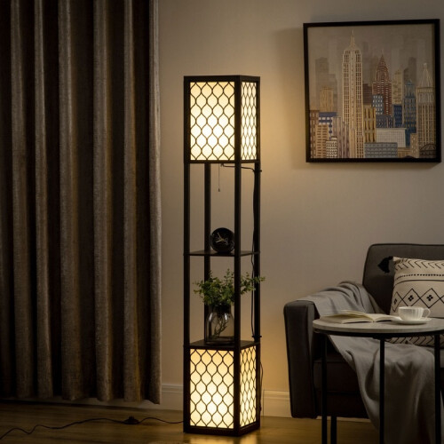 Lampada da terra moderna con 2 ripiani, interruttore a catenella, bianco e nero 2