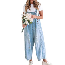 Damen-Latzhose Aus Denim mit Verstellbaren Trägern, Weitem Bein und Used- Hellblau M