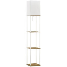 Lampada da terra con luce indiretta e ripiani, struttura in metallo e paralume in tessuto, bianco e marrone