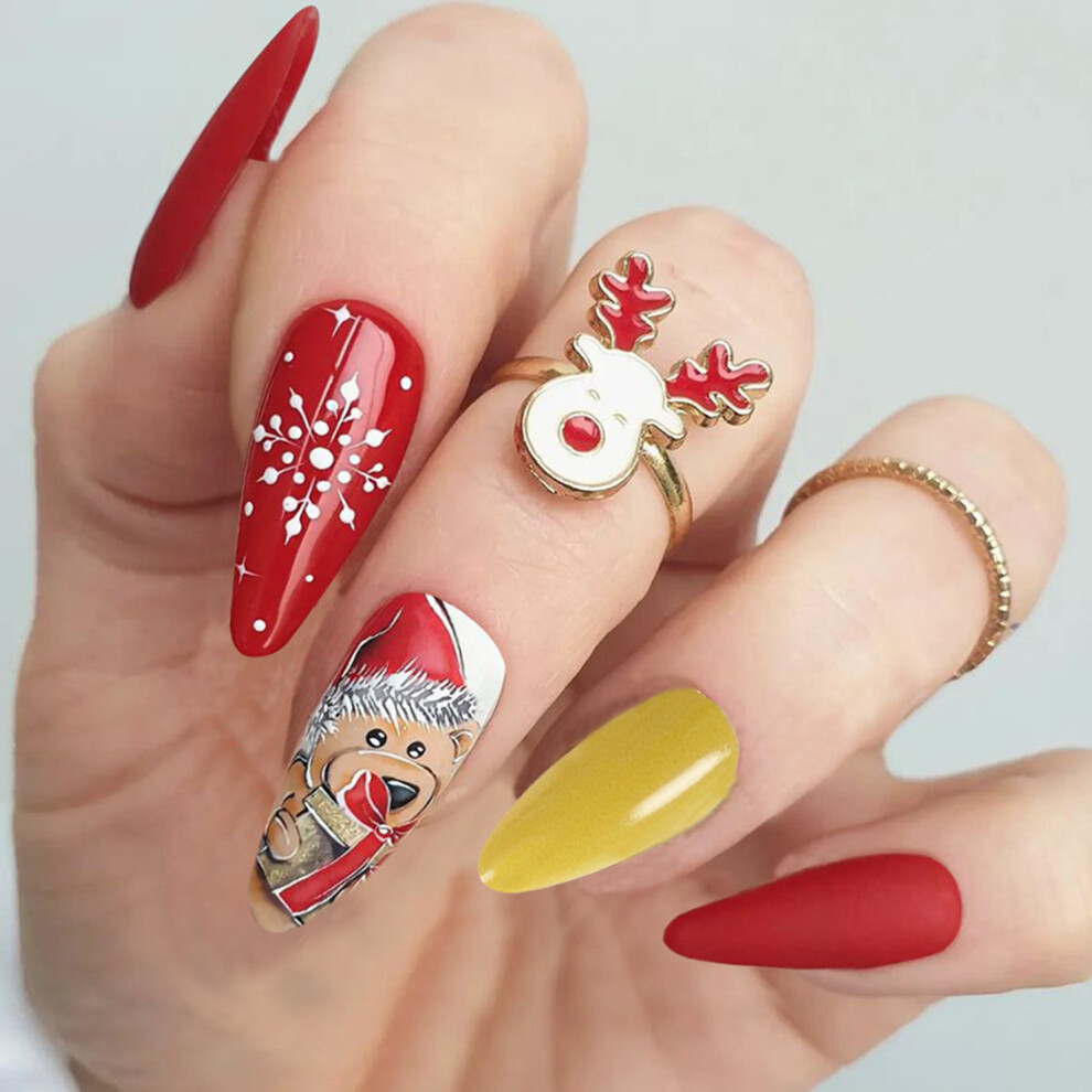 Hue-Grain Bear Print Resin Nail Extensions - Zero Pressure, Xmas Gift