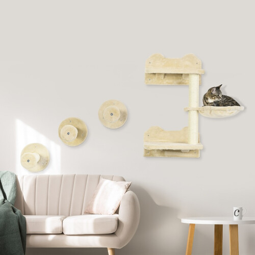 Set da parete per gatti da arrampicata, composto da 4 pezzi, con tiragraffi e amaca, beige e crema. 2