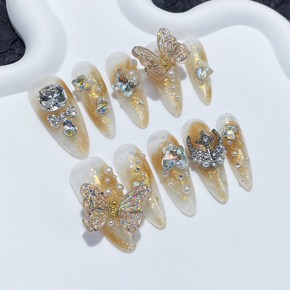 Penghui-Toys (Xs) Gold Smudging Fake Nails With Glitter Charming Comfortable To Wear Manicure Nails For Women And Girl Nail Salon