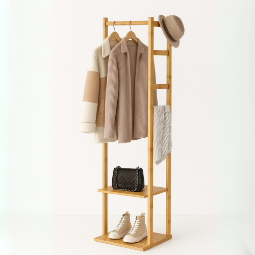 Narrow Bamboo Clothes Rail with 2 Shelves