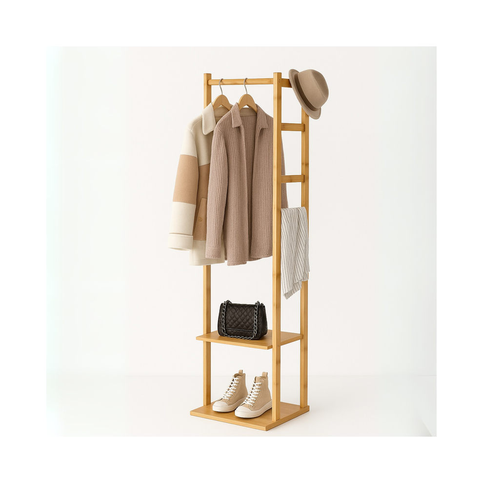 Storvo Narrow Bamboo Clothes Rail With 2 Shelves