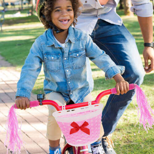 2Sets Decoratieve Roze Kinderfietsmand En Handvatbeschermers 2
