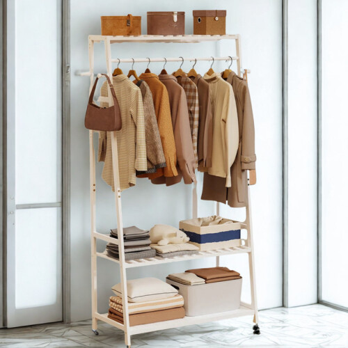 Wooden Clothes Rack Open Wardrobe With Shoe Storage White 1