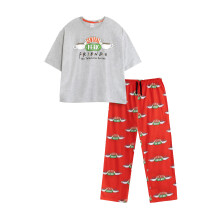 (XS, Grey/Red) Friends Womens/Ladies Logo Short-Sleeved Long Pyjama Set