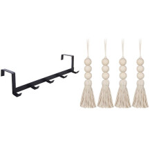 1 Pcs Wide over the Door Rack Wrought Iron Hook Black & 1 Pcs Wood Bead Garlands,Farmhouse Beads Tassels