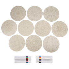22 Pcs Wooden Mandala Painting Set 10 Mandala Unfinished Wood Cutouts with 12 Markers for Crafts Mandala Wood Slices