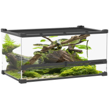 Terrario in vetro per rettili con base impermeabile e chiusura di sicurezza.