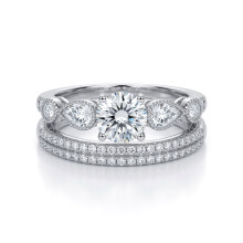 (L) Jewelco London Rhodium Plated Sterling Silver Pear CZ Bead Edge Halo Cluster Bridal Rings Set - GSR1044