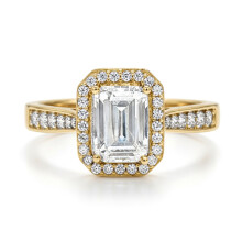 (L) Jewelco London Ladies Solid 9ct Yellow Gold Emerald Cut Cubic Zirconia Wed-fit Halo Travel Proposal Ring 1.00CT - JRN607
