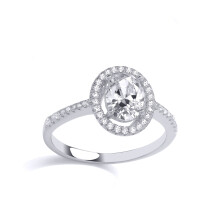 (Q) Jewelco London Ladies Rhodium Plated Sterling Silver Oval CZ Shoulder Set Oval Halo Solitaire Engagement Ring - GVR907