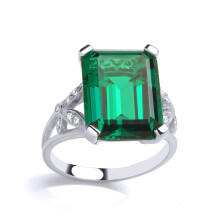 (N) Jewelco London Ladies Rhodium Plated Sterling Silver Green Emerald CZ Split Shank Leaf Cluster Solitaire Cocktail Ring - GVR895