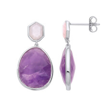Jewelco London Sterling Silver Purple Pink Pear Heptagon Amethyst Quartz Heptagon Avocado Toi et Moi Drop Earrings - GVE929