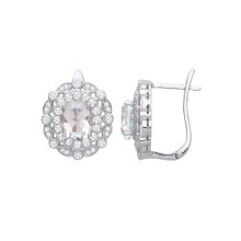 Jewelco London Ladies Rhodium Plated Sterling Silver Green Oval Quartz CZ Scallop Edge Peapod Halo Cluster Drop Earrings - EAG1252