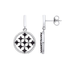 Jewelco London Ladies Rhodium Plated Sterling Silver Black CZ Jerusalem Cross Halo Cluster Drop Earrings - EAG1133