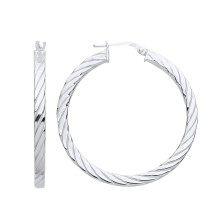 Jewelco London Ladies Rhodium Plated Sterling Silver Square Tube Twisted Hoop Earrings - ER121