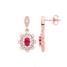 Jewelco London Ladies Rose Gold-Plated Sterling Silver Red Oval CZ 8 Point Flower Snowflake Cluster Drop Earrings - EAG1145