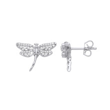 Jewelco London Ladies Rhodium Plated Sterling Silver CZ Majestic Dragonfly Drop Earrings - EAG1235
