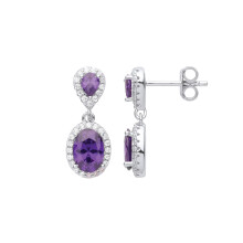 Jewelco London Ladies Rhodium Plated Sterling Silver Purple Oval Pear CZ Raindrop Cluster Drop Earrings - EAG1021