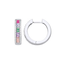 Jewelco London Ladies Rhodium Plated Sterling Silver Rainbow Baguette CZ 3/4 Circle of Life Coral Rainbow Drop Earrings - EAG1029