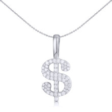 Jewelco London Men's Rhodium Silver Round CZ Encrusted Dollar Sign Charm Pendant - APD188
