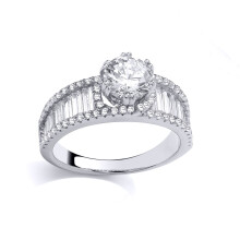 (P) Jewelco London Ladies Rhodium Sterling Silver Baguette CZ Paperclip Halo Cherry Claws Solitaire Engagement Ring - GSR1012