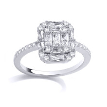 (Q) Jewelco London Rhodium Plated Sterling Silver Radiant CZ Multi-Faceted Oblong Cross Cluster Engagement Ring - GSR1029
