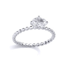 (R) Jewelco London Rhodium Plated Sterling Silver Oval CZ Beaded Minimalist 4-Claw Engagement Solitaire Ring - GSR1038