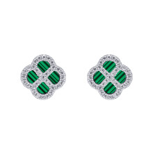 Jewelco London Sterling Silver CZ Green Malachite Clover Kiss Stud Earrings 11mm - 8-59-1915
