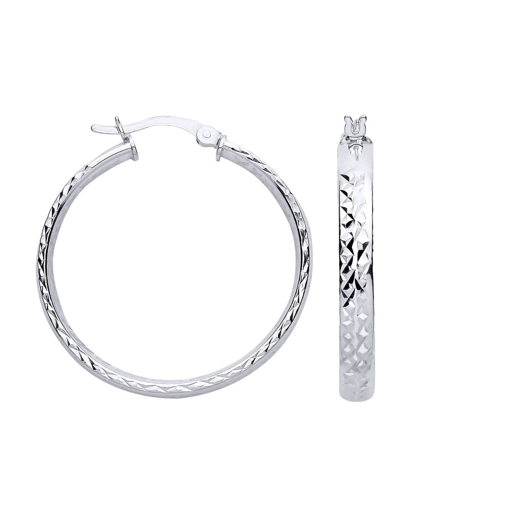 Jewelco London Ladies Rhodium Sterling Silver Diamond-Cut Criss Cross Round Hoop Creole Earrings - Er192