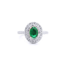 (N) Jewelco London Rhodium Silver Green Oval CZ Double Tier Halo Shoulder-set Cluster Ring - ARN187G