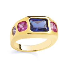 (L) Jewelco London Yellow Gold-Plated Silver Blue, Pink & Lilac Radiant & Cushion CZ Bold Sunken Cluster Cocktail Ring - GSR1051