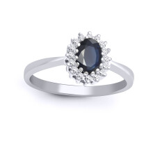 (I) Jewelco London 9ct White Gold H I2 0.12ct Diamond and Oval Blue 0.56ct Sapphire Classic Royal Cluster Ring 9mm - 9R411