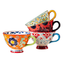Juego de 4 tazas de café jumbo con estampado floral pintado a mano para el hogar y la cocina (414 ml)