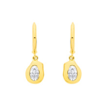 Jewelco London Yellow Gold-Plated Silver Oval CZ Organic Molten Pebble Solitaire Charm Huggie Hoop Drop Earrings - EAG1377