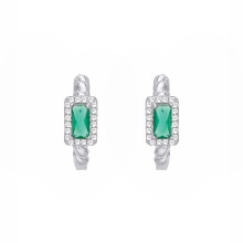 Jewelco London Rhodium Plated Sterling Silver Green Radiant CZ Rectangle Halo Cluster Twist Huggie Hoop Earrings - EAG1411