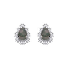 Jewelco London Rhodium Plated Sterling Silver Grey Pear Moss Agate & CZ Spooky Forest Scalloped Pinecone Drop Earrings - EAG1434