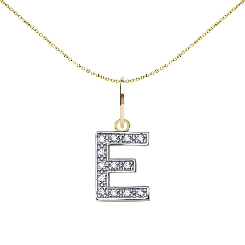 Jewelco London Solid 9Ct Yellow And White Gold Cubic Zirconia 10Mm San Serif Block Font Initial Charm Pendant, Letter E - Jin021-E
